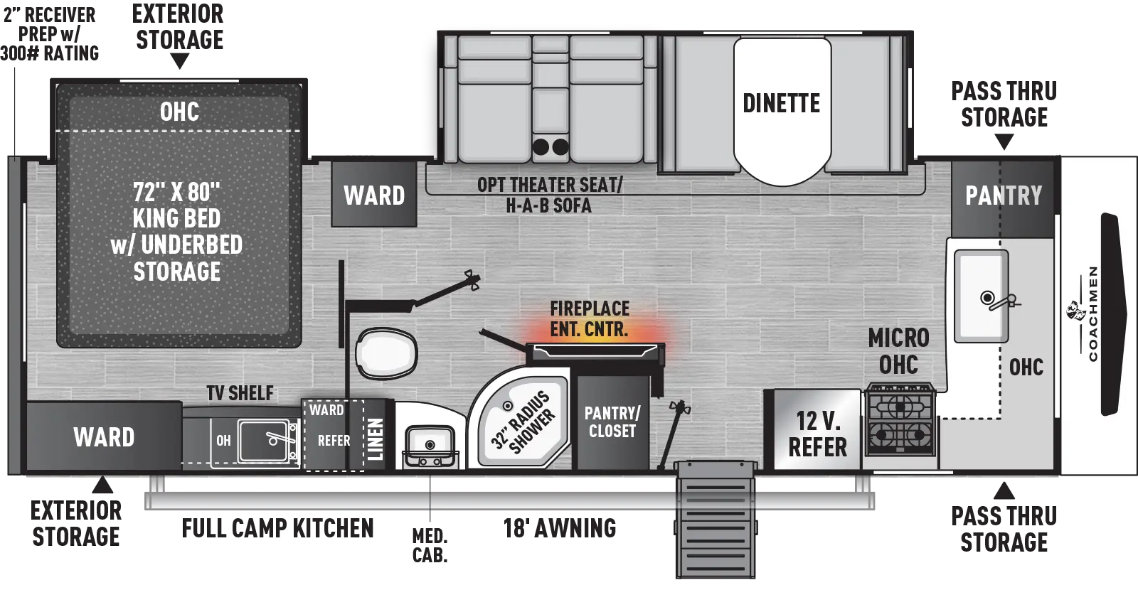 The 259FKBS has two slideouts and one entry. Exterior features front pass-thru storage, rear storage on each side, full camp kitchen with sink, overhead cabinet, and refrigerator, and 18 foot awning. Interior layout front to back: pantry and kitchen counter with sink and overhead cabinet wrap from the front to the door side with microwave, cooktop, and refrigerator; off-door side slideout with dinette, and a hide-a-bed sofa with overhead cabinet (optional theater seat), and wardrobe; door side entry, pantry/closet, entertainment center with fireplace along inner wall, and full bathroom with linen closet; rear off-door side king bed slideout with overhead cabinet, and rear door side wardrobe and TV shelf.